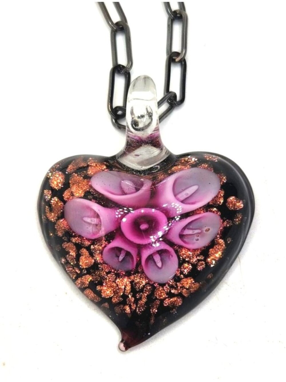 Handcrafted Glass Heart Pendant Necklace W/ Purple Floral Design & Black Chain